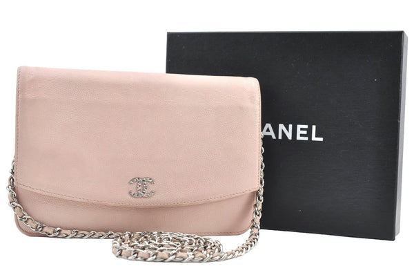 Authentic CHANEL Caviar Skin CC Logo Chain Shoulder Long Wallet Pink Box K8718