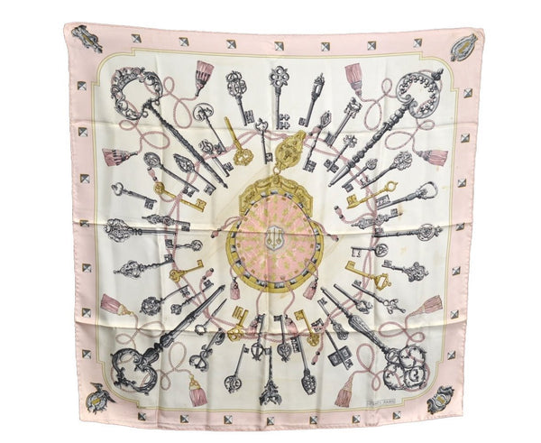 Authentic HERMES Carre 90 Scarf "LES CLES" Silk Pink K8737