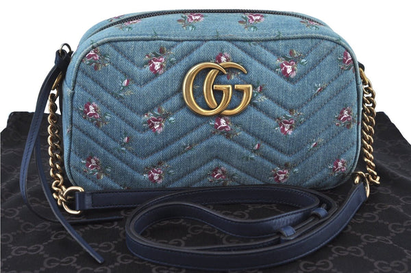 Authentic GUCCI GG Marmont Chain Shoulder Cross Body Bag Denim 447632 Blue K8880