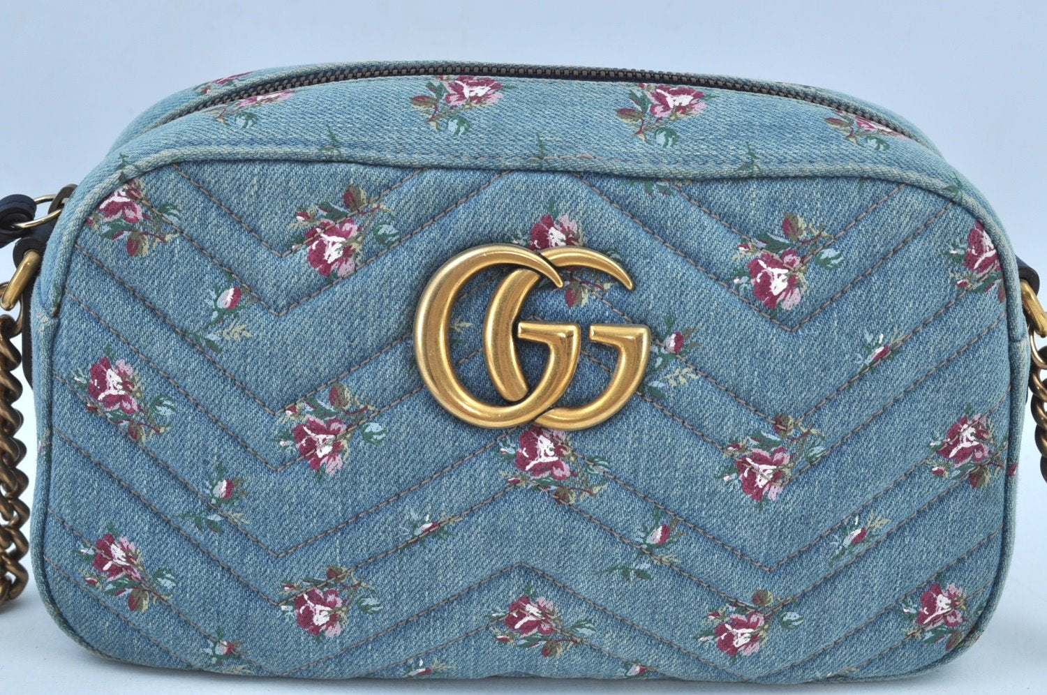 Authentic GUCCI GG Marmont Chain Shoulder Cross Body Bag Denim 447632 Blue K8880