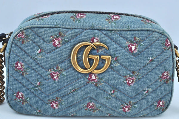 Authentic GUCCI GG Marmont Chain Shoulder Cross Body Bag Denim 447632 Blue K8880