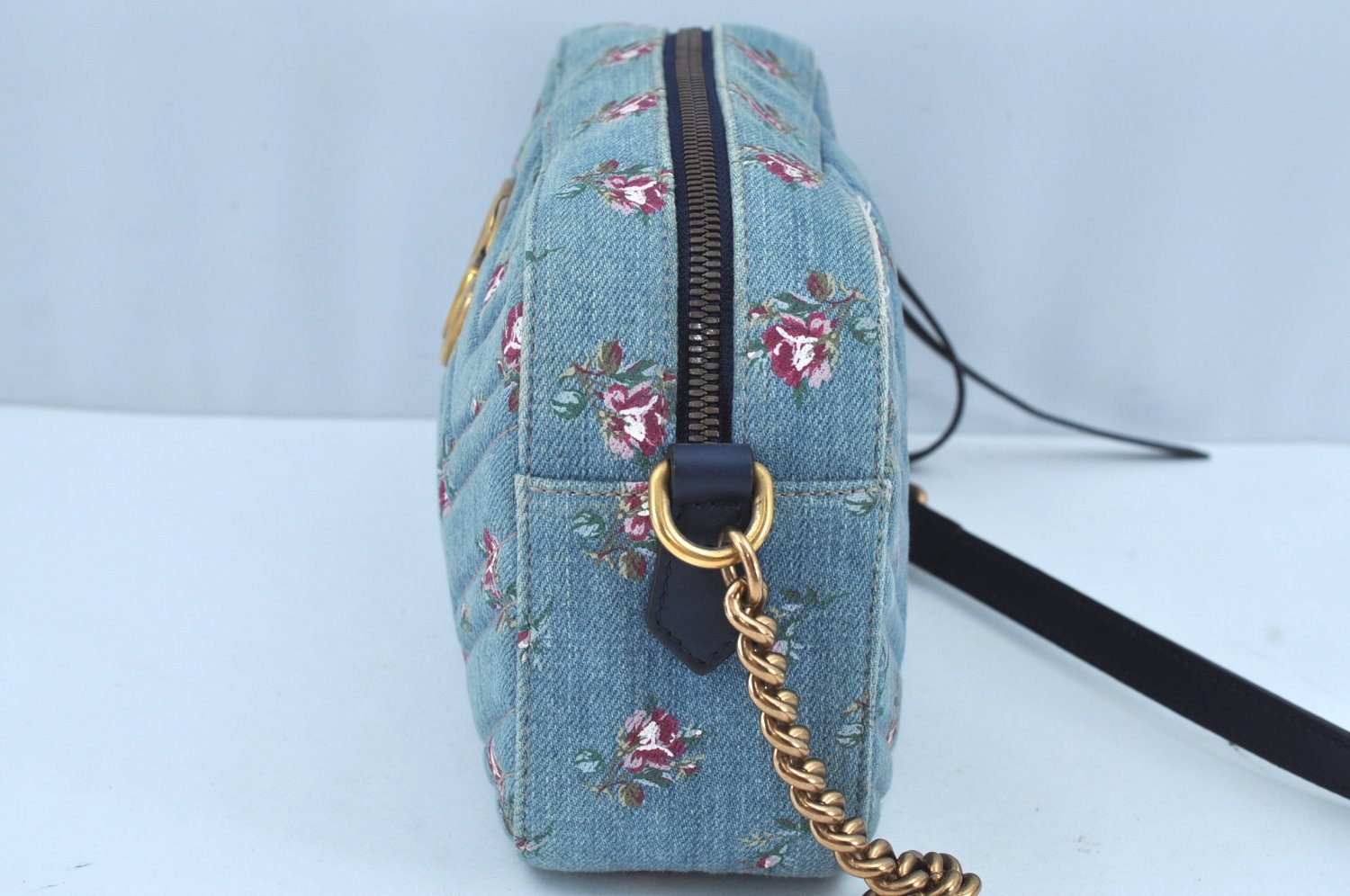 Authentic GUCCI GG Marmont Chain Shoulder Cross Body Bag Denim 447632 Blue K8880
