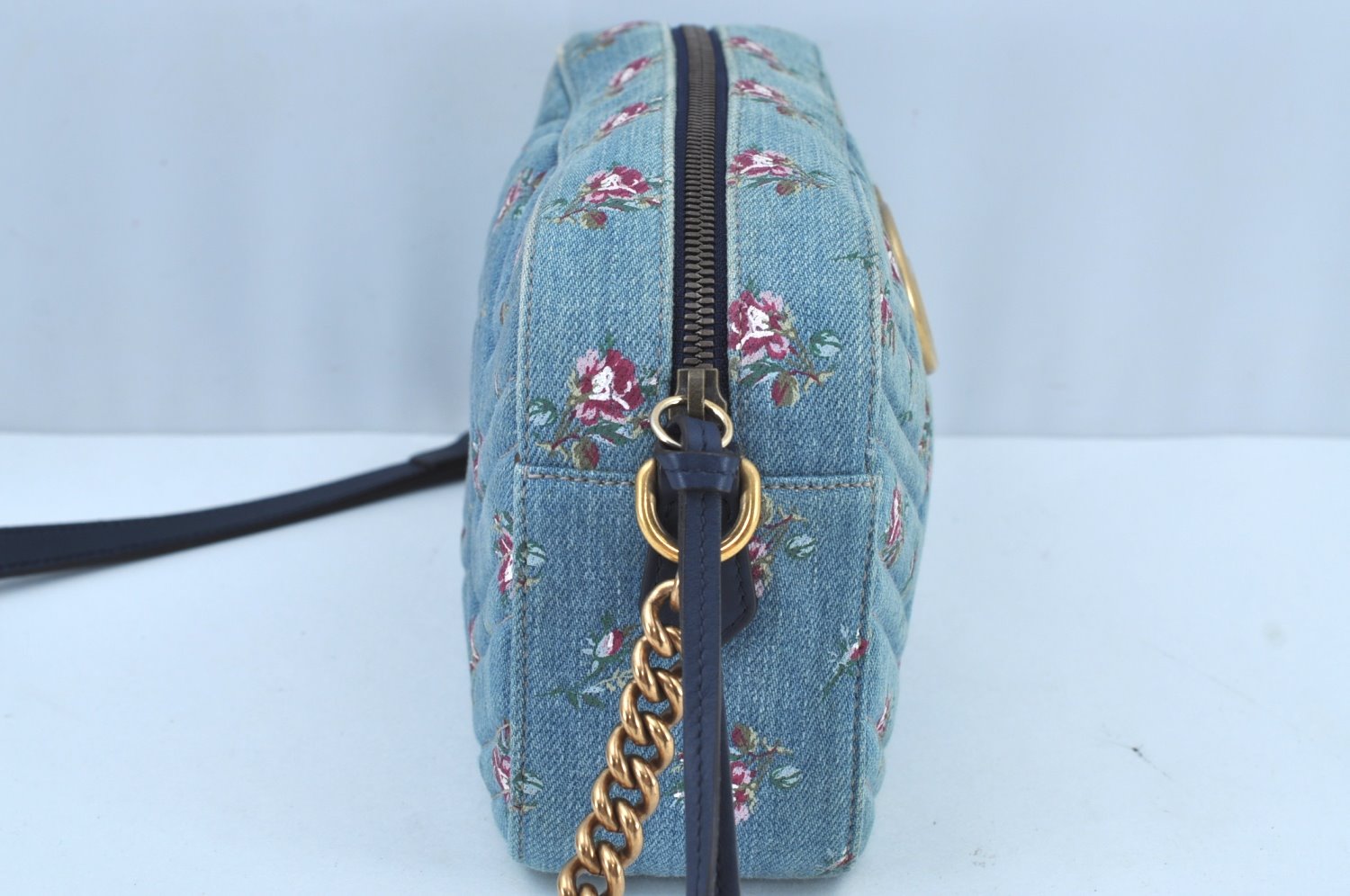 Authentic GUCCI GG Marmont Chain Shoulder Cross Body Bag Denim 447632 Blue K8880