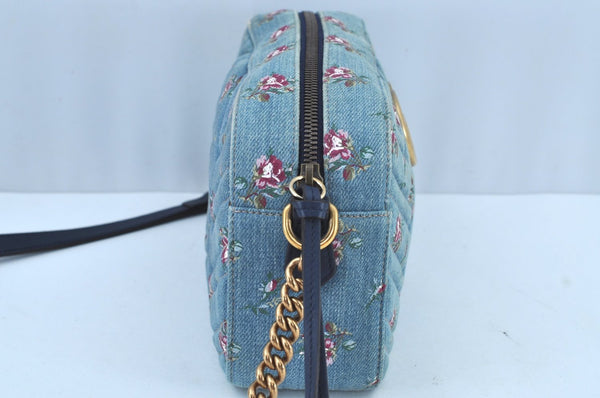 Authentic GUCCI GG Marmont Chain Shoulder Cross Body Bag Denim 447632 Blue K8880