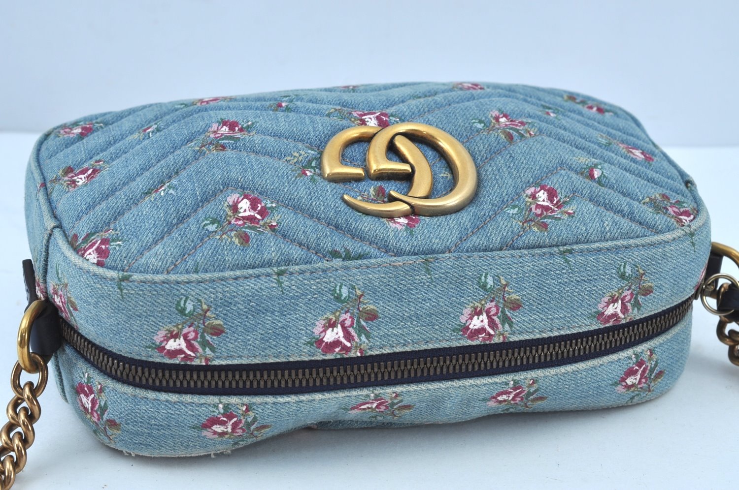 Authentic GUCCI GG Marmont Chain Shoulder Cross Body Bag Denim 447632 Blue K8880