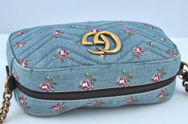 Authentic GUCCI GG Marmont Chain Shoulder Cross Body Bag Denim 447632 Blue K8880
