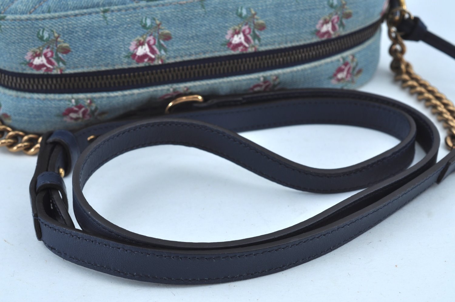 Authentic GUCCI GG Marmont Chain Shoulder Cross Body Bag Denim 447632 Blue K8880