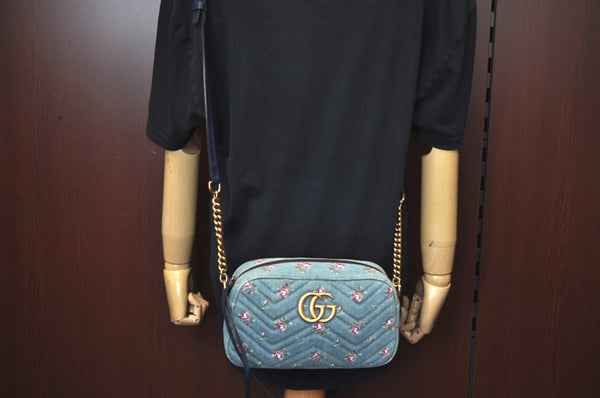 Authentic GUCCI GG Marmont Chain Shoulder Cross Body Bag Denim 447632 Blue K8880