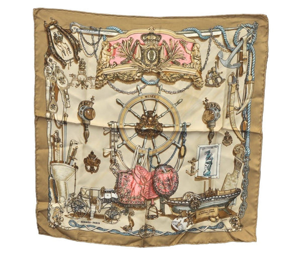 Authentic HERMES Petit Carre 40 Scarf Handkerchief "MUSEE" Silk Beige K8905
