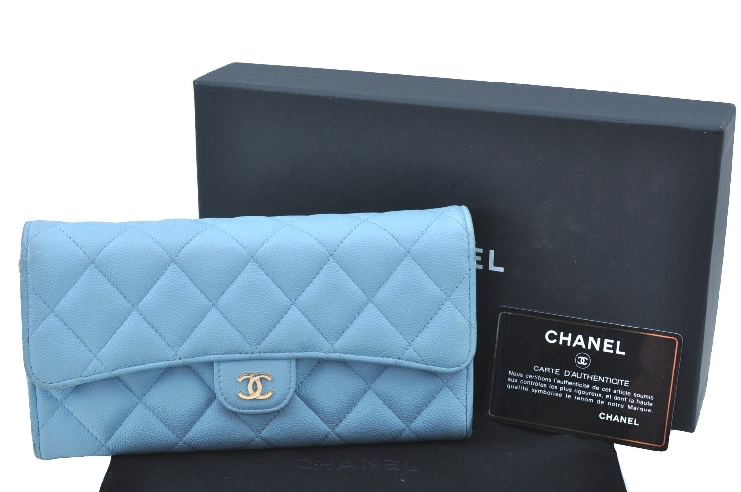 Authentic CHANEL Caviar Skin Matelasse Long Wallet Purse CC Light Blue Box K9021