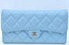 Authentic CHANEL Caviar Skin Matelasse Long Wallet Purse CC Light Blue Box K9021