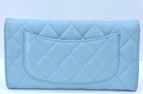 Authentic CHANEL Caviar Skin Matelasse Long Wallet Purse CC Light Blue Box K9021