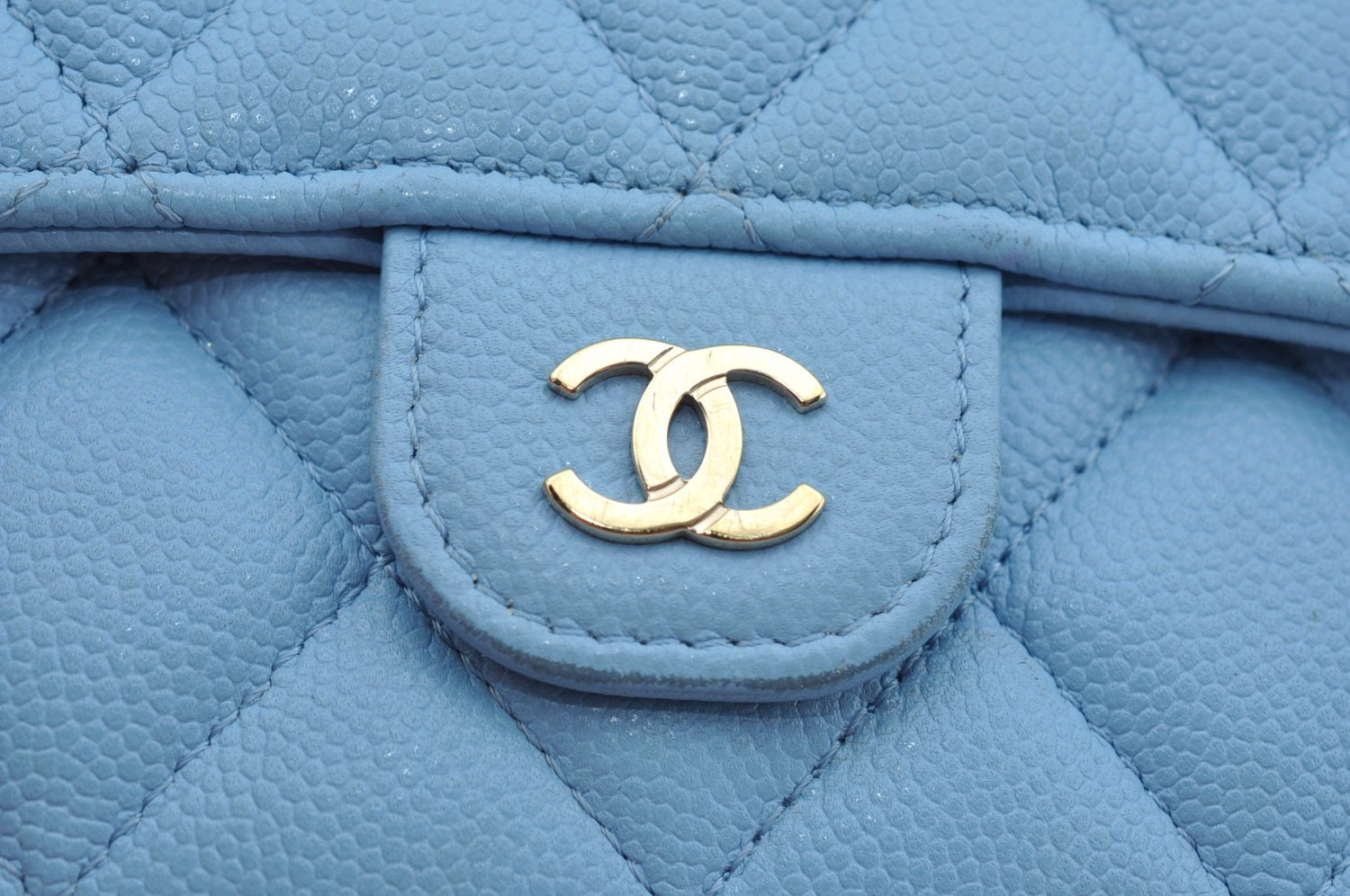 Authentic CHANEL Caviar Skin Matelasse Long Wallet Purse CC Light Blue Box K9021