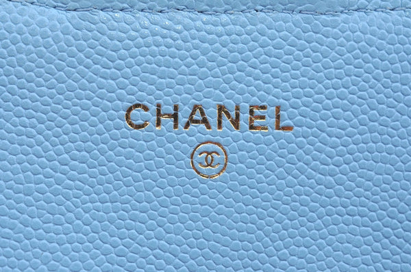 Authentic CHANEL Caviar Skin Matelasse Long Wallet Purse CC Light Blue Box K9021