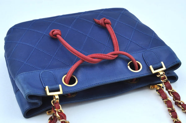 Authentic CHANEL Lamb Skin Bicolore CoCo Mark Chain Shoulder Bag Blue K9057