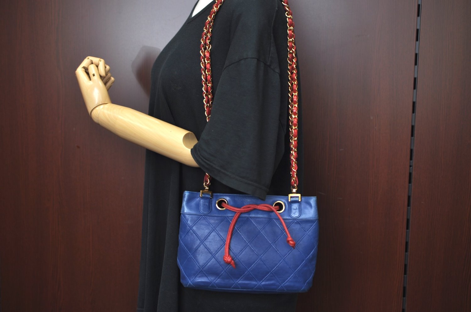 Authentic CHANEL Lamb Skin Bicolore CoCo Mark Chain Shoulder Bag Blue K9057