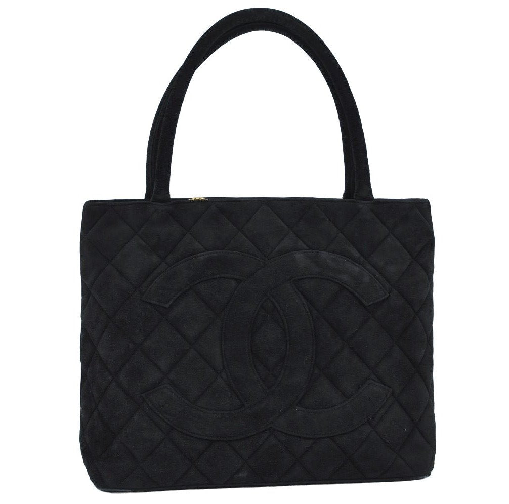 Authentic CHANEL Vintage Suede Medallion CC Logo Shoulder Tote Bag Black K9082