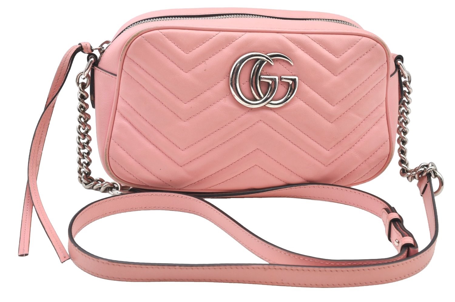 Authentic GUCCI GG Marmont Chain Shoulder Cross Bag Leather 447632 Pink K9083