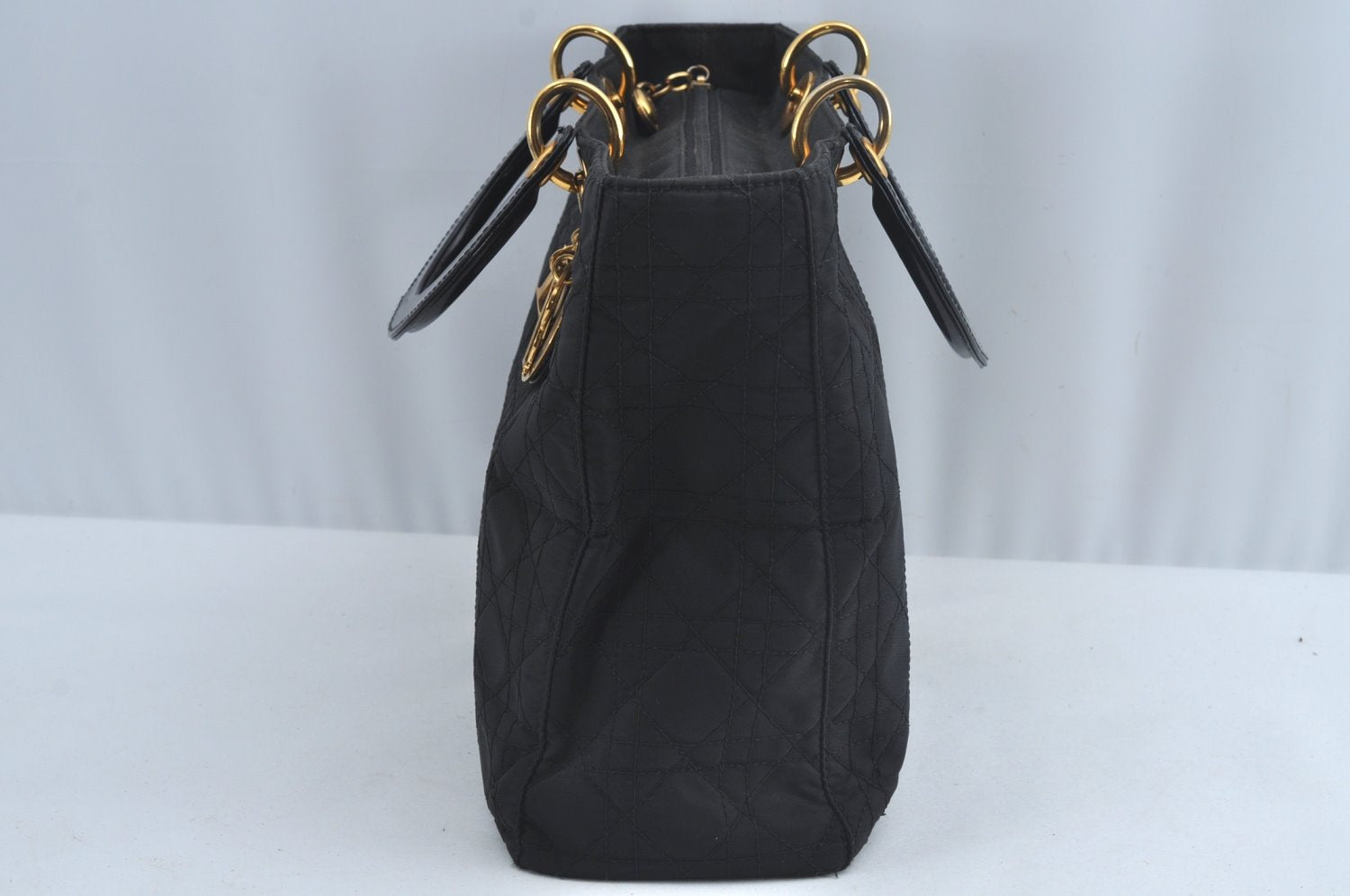 Authentic Christian Dior Lady Dior Cannage Nylon 2Way Hand Bag Black CD K9145