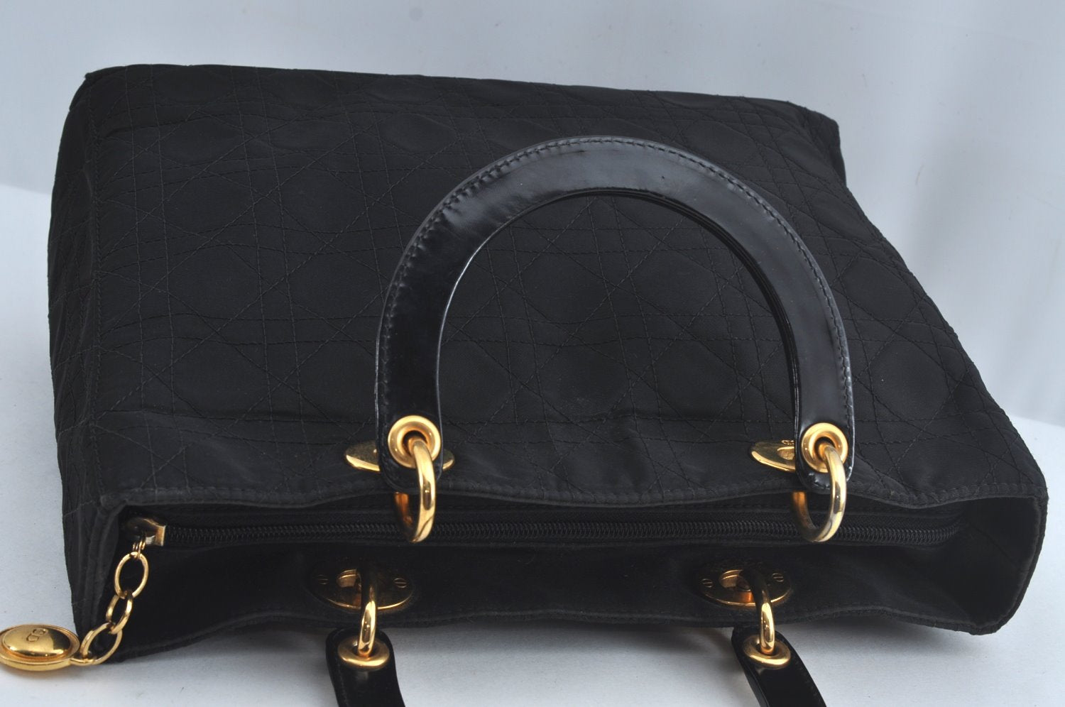 Authentic Christian Dior Lady Dior Cannage Nylon 2Way Hand Bag Black CD K9145