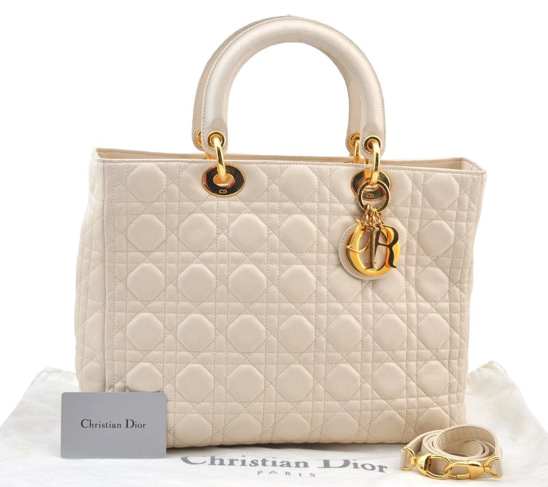 Authentic Christian Dior Lady Dior Lamb Skin Cannage 2Way Hand Bag White K9149