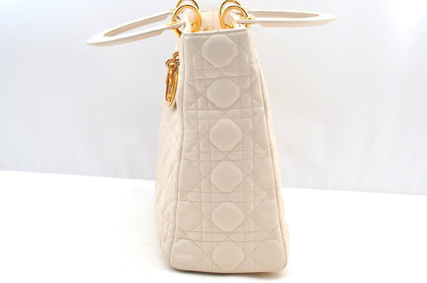 Authentic Christian Dior Lady Dior Lamb Skin Cannage 2Way Hand Bag White K9149