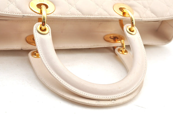 Authentic Christian Dior Lady Dior Lamb Skin Cannage 2Way Hand Bag White K9149