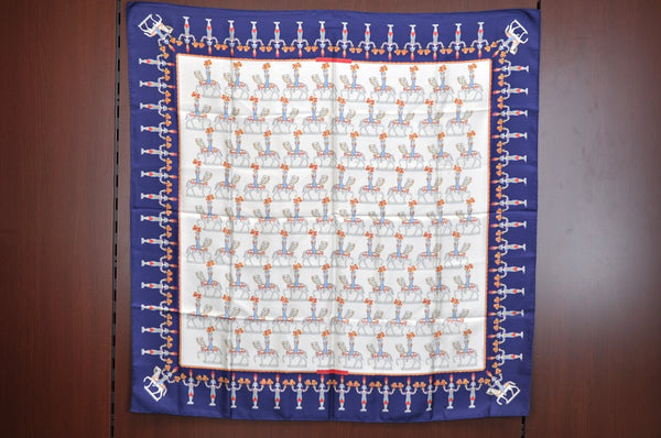 Authentic HERMES Carre 90 Scarf "LES ARTIFICIERS" Silk Navy K9171