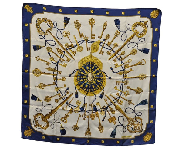 Authentic HERMES Carre 90 Scarf "LES CLES" Silk Blue K9186