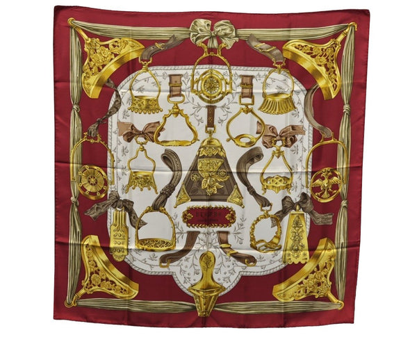 Authentic HERMES Carre 90 Scarf "ETRIERS" Silk Bordeaux Red K9206