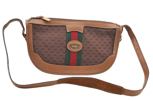 Authentic GUCCI Web Sherry Line Micro GG Shoulder Bag Canvas Leather Brown K9213