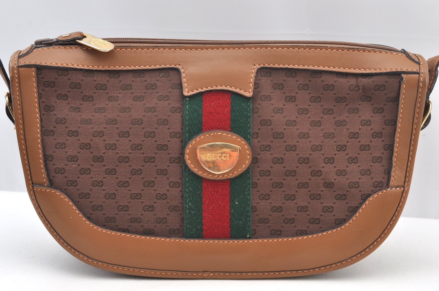 Authentic GUCCI Web Sherry Line Micro GG Shoulder Bag Canvas Leather Brown K9213