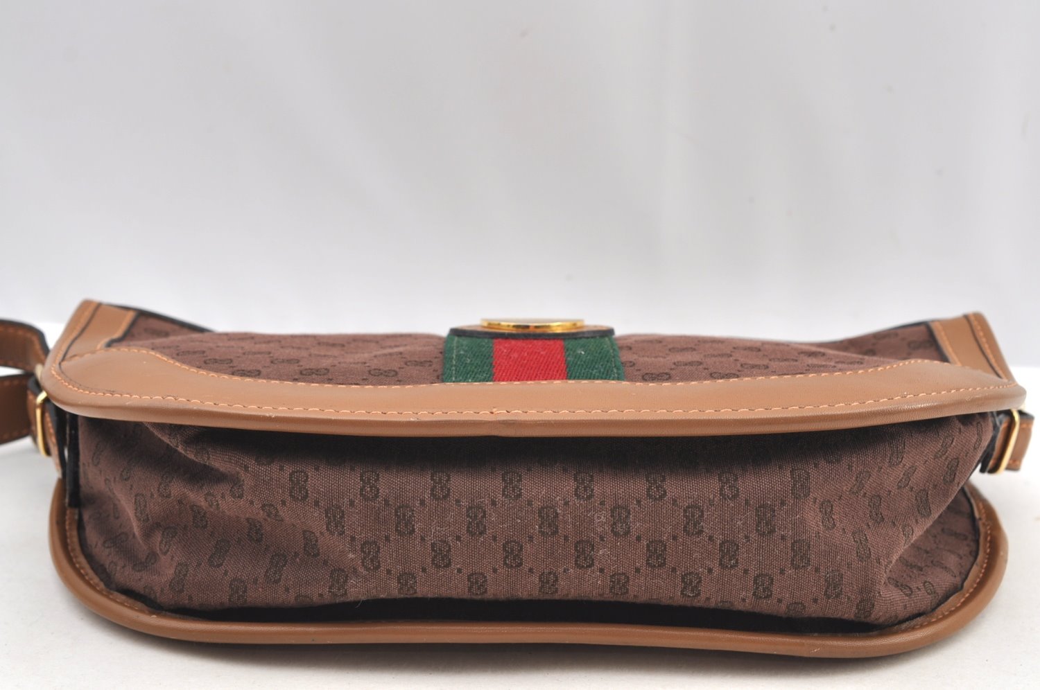 Authentic GUCCI Web Sherry Line Micro GG Shoulder Bag Canvas Leather Brown K9213