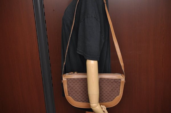 Authentic GUCCI Web Sherry Line Micro GG Shoulder Bag Canvas Leather Brown K9213