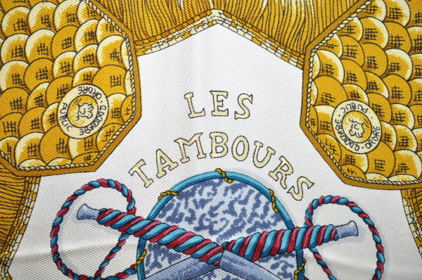 Authentic HERMES Carre 90 Scarf "LES TAMBOURS" Silk Navy Blue K9216