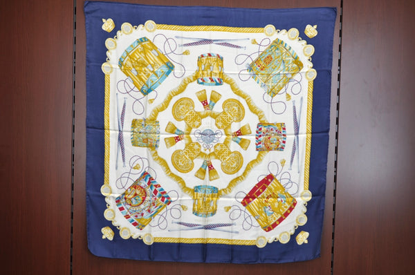 Authentic HERMES Carre 90 Scarf "LES TAMBOURS" Silk Navy Blue K9216