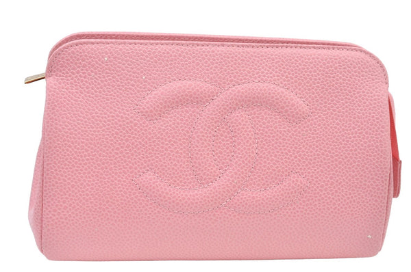 Authentic CHANEL Caviar Skin CC Logo Cosmetic Pouch Purse Pink Junk K9233