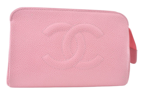 Authentic CHANEL Caviar Skin CC Logo Cosmetic Pouch Purse Pink Junk K9233