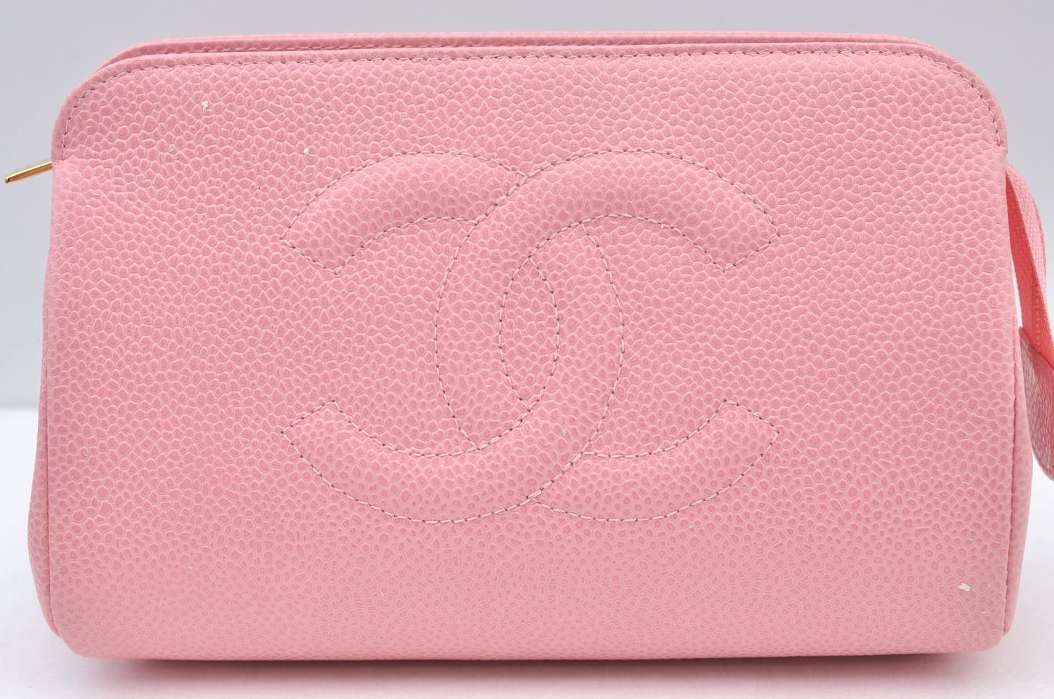 Authentic CHANEL Caviar Skin CC Logo Cosmetic Pouch Purse Pink Junk K9233