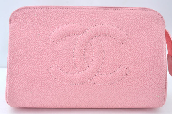 Authentic CHANEL Caviar Skin CC Logo Cosmetic Pouch Purse Pink Junk K9233