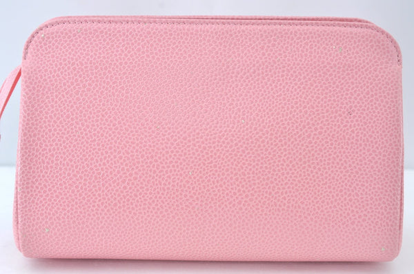 Authentic CHANEL Caviar Skin CC Logo Cosmetic Pouch Purse Pink Junk K9233