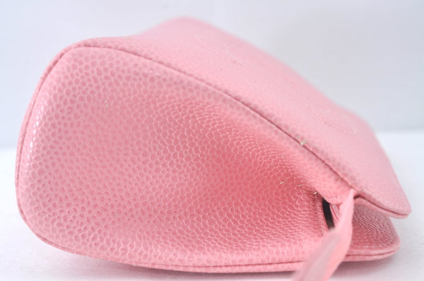 Authentic CHANEL Caviar Skin CC Logo Cosmetic Pouch Purse Pink Junk K9233
