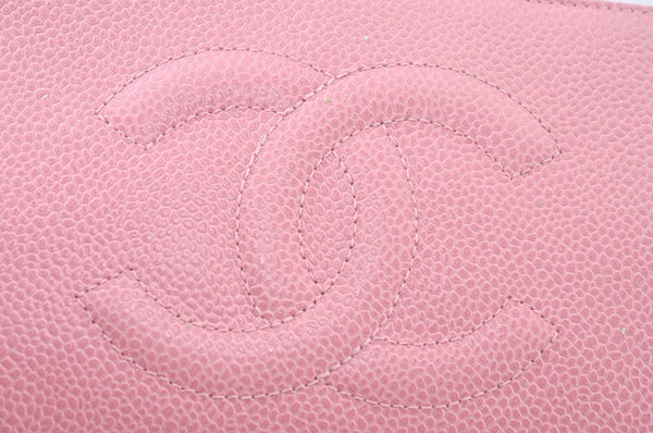 Authentic CHANEL Caviar Skin CC Logo Cosmetic Pouch Purse Pink Junk K9233