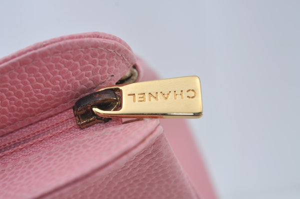 Authentic CHANEL Caviar Skin CC Logo Cosmetic Pouch Purse Pink Junk K9233