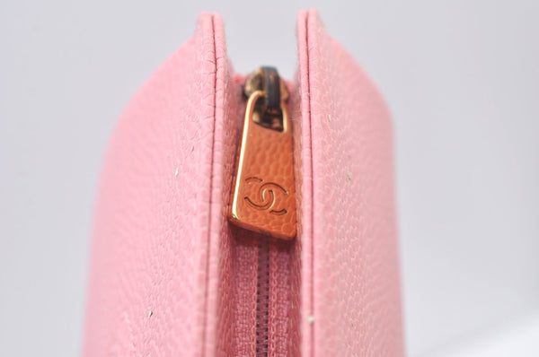 Authentic CHANEL Caviar Skin CC Logo Cosmetic Pouch Purse Pink Junk K9233