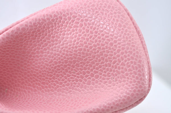 Authentic CHANEL Caviar Skin CC Logo Cosmetic Pouch Purse Pink Junk K9233