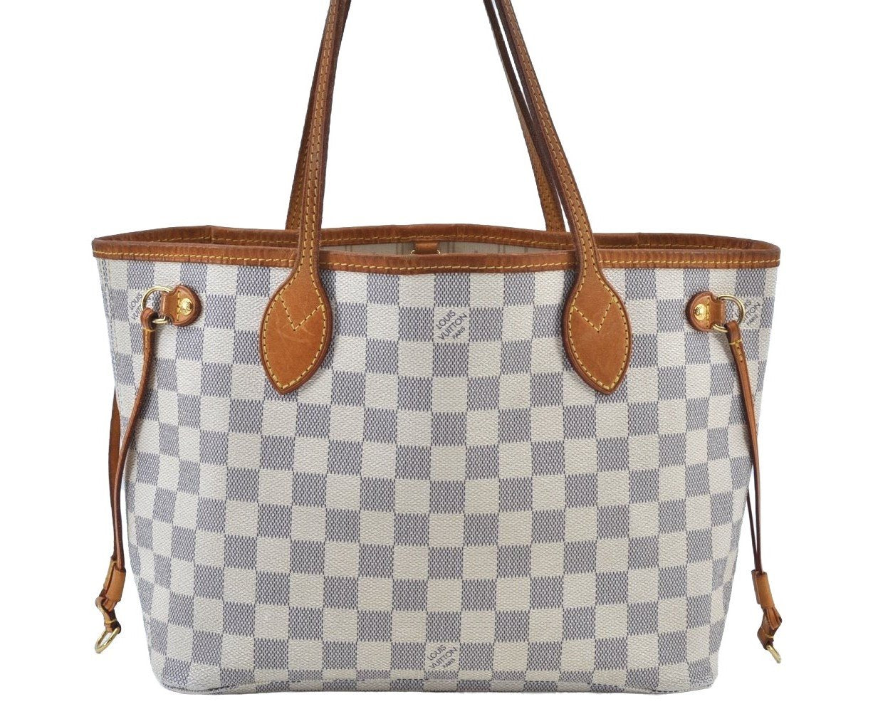 Authentic Louis Vuitton Damier Azur Neverfull PM Tote Bag N51110 LV K9239