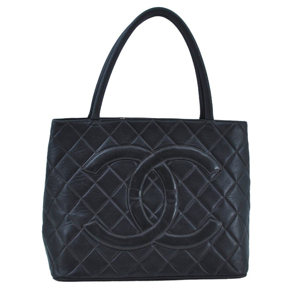 Authentic CHANEL Calf Skin Medallion CC Logo Shoulder Tote Bag Black K9242