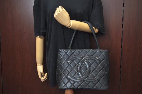 Authentic CHANEL Calf Skin Medallion CC Logo Shoulder Tote Bag Black K9242