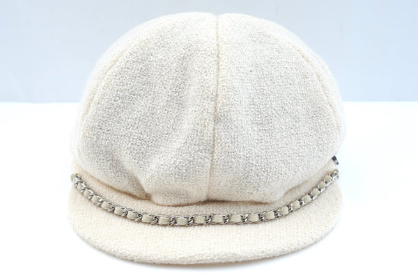 Authentic CHANEL Vintage Beret Hat Wool Size L 20.9" White CC Logo K9246